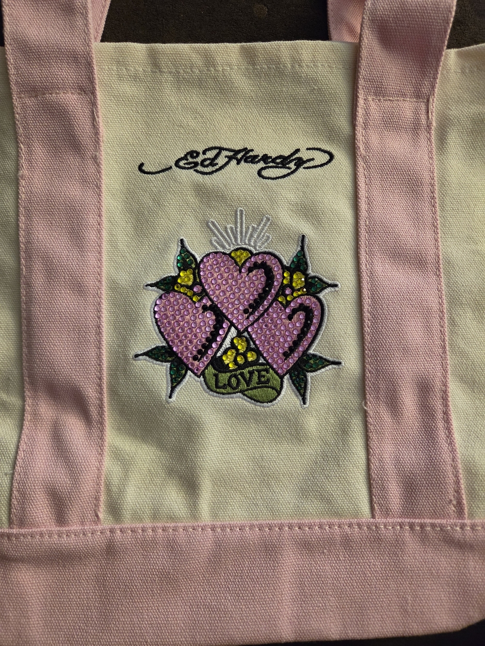 Ed Hardy Pink & Cream 'Love' Heart Canvas Tote NEW WITH TAGS